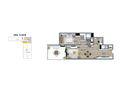 Floor plan for 1 bed, 1 bath, 869 sqft